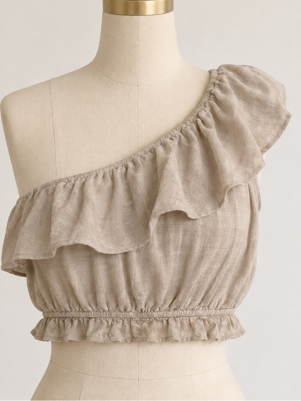 American Eagle Outfitters One-Shoulder Ruffle Crop Top - Taupe